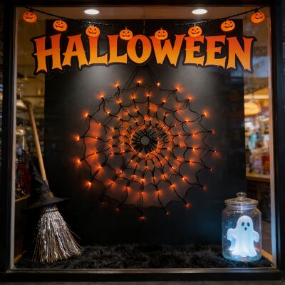 80cm Iron Spider Web LED Light: 80cm diameter (fits windows/walls/parties). Iron frame + fine mesh (durable 3D shape). 100 warm yellow LEDs (steady-on, spooky Halloween glow). 221g